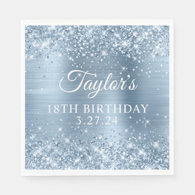Glittery Light Blue Foil 18th Birthday Napkins (Front)
