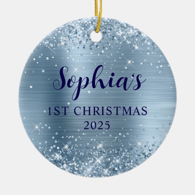 Glittery Light Blue Foil 1st Christmas Photo Ceramic Ornament (Front)
