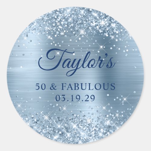 Glittery Light Blue Foil 50  Fabulous Classic Round Sticker