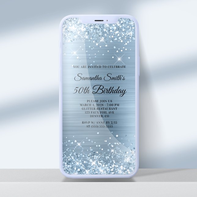 Glittery Light Blue Foil 50th Birthday Invitation (Creator Uploaded)