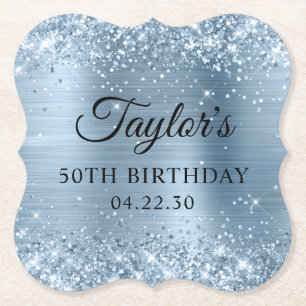 Glittery Light Blue Foil 50th Birthday Paper Coaster