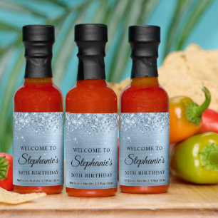 Glittery Light Blue Foil 50th Birthday Welcome Hot Sauces
