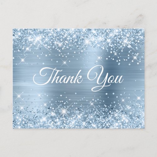 Glittery Light Blue Foil Baby Shower Thank You Postcard