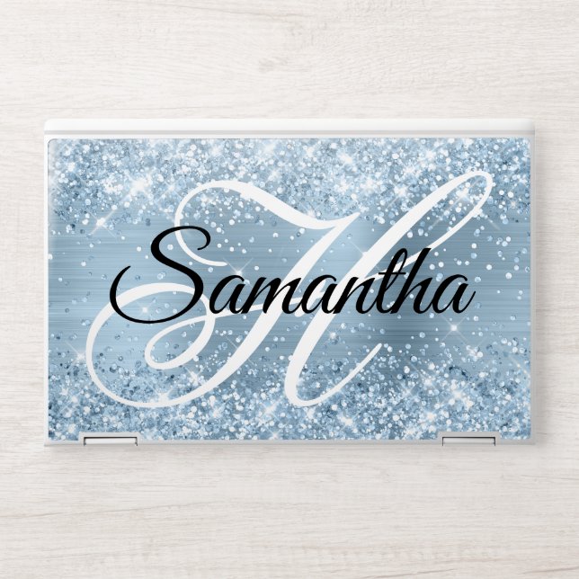 Glittery Light Blue Foil Fancy Monogram HP Laptop Skin (Front)