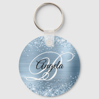 Glittery Light Blue Foil Fancy Monogram Keychain