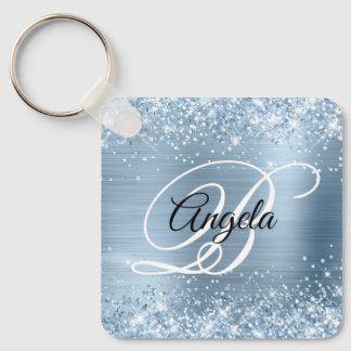 Glittery Light Blue Foil Fancy Monogram Keychain