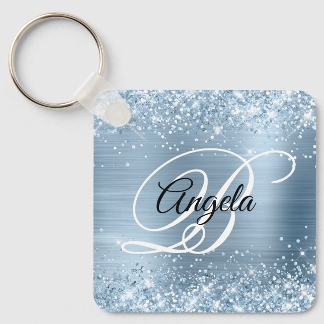 Glittery Light Blue Foil Fancy Monogram Keychain (Front)