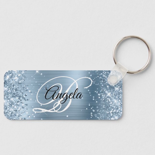 Glittery Light Blue Foil Fancy Monogram Keychain (Front)