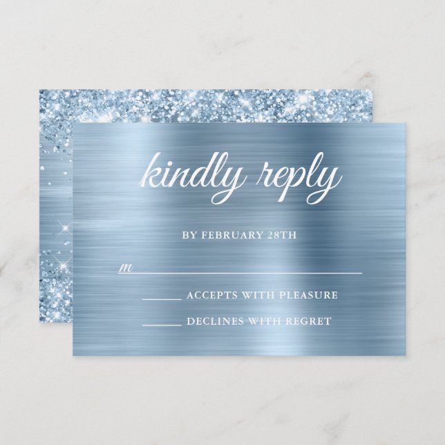 Glittery Light Blue Foil Kindly Reply Wedding RSVP Card (Front/Back)