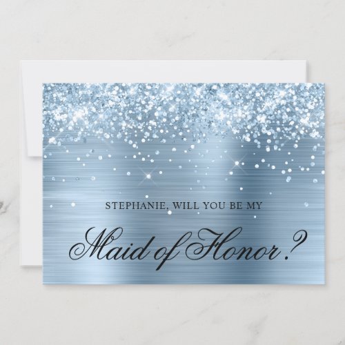 Glittery Light Blue Foil Maid of Honor Proposal Invitation
