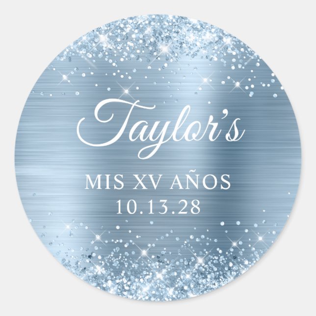 Glittery Light Blue Foil Mis XV Anos Classic Round Sticker (Front)