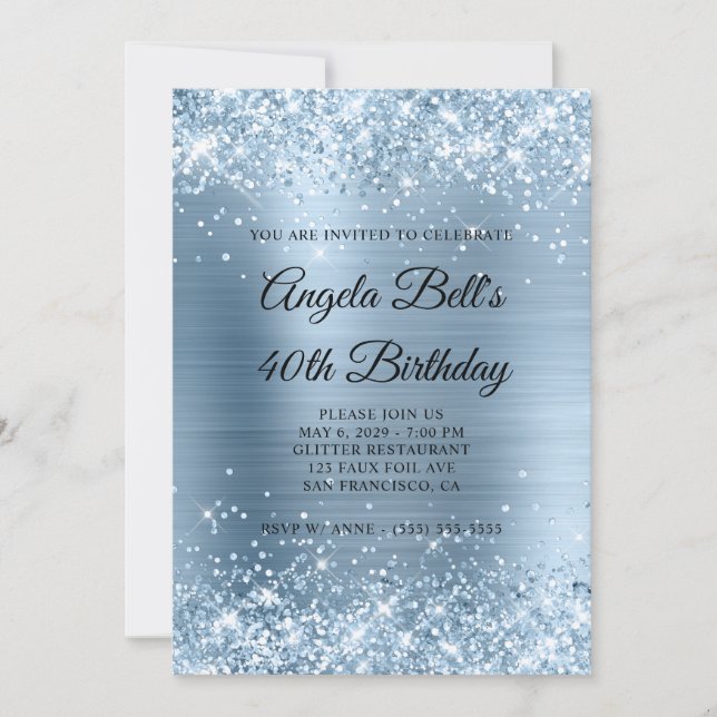 Glittery Light Blue Foil Monogram 40th Birthday Invitation (Front)