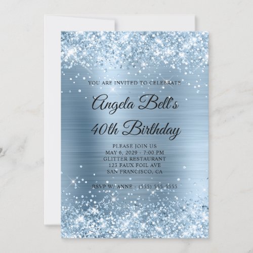 Glittery Light Blue Foil Monogram 40th Birthday Invitation