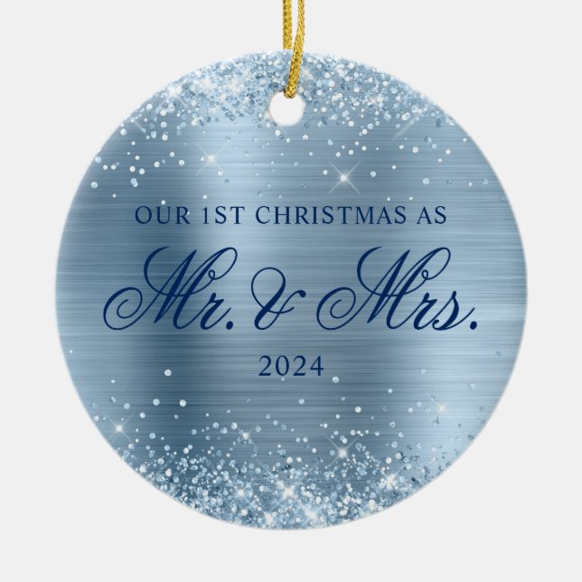 Glittery Light Blue Foil Our 1st Christmas Photo Ceramic Ornament (Front)
