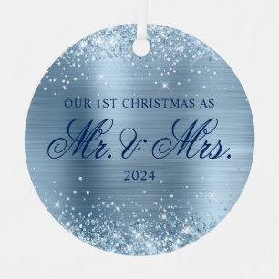 Glittery Light Blue Foil Our 1st Christmas Photo Metal Ornament