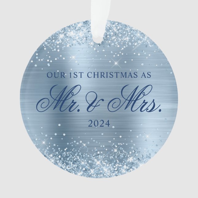 Glittery Light Blue Foil Our 1st Christmas Photo Ornament (Front)