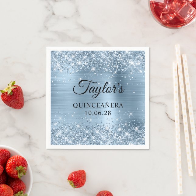 Glittery Light Blue Foil Quinceañera Napkins (Insitu)