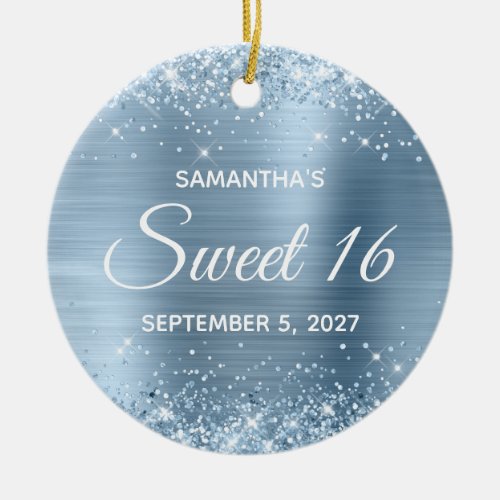 Glittery Light Blue Foil Sweet 16 Ceramic Ornament