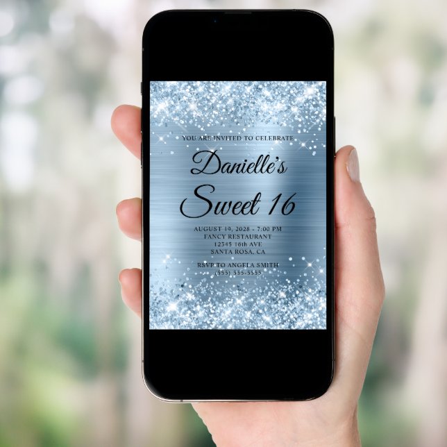 Glittery Light Blue Foil Sweet 16 Invitation (Front Digital)