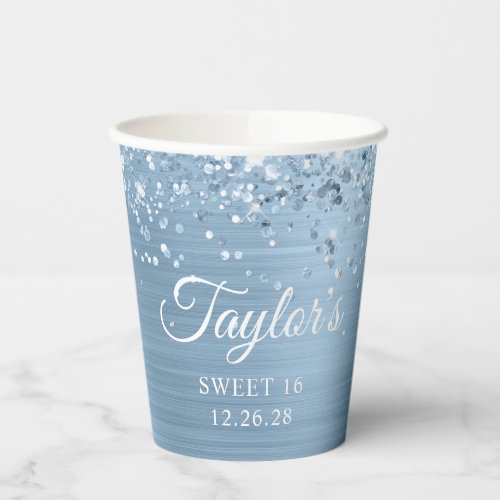 Glittery Light Blue Foil Sweet 16 Paper Cups