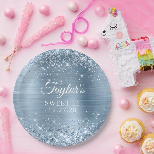 Glittery Light Blue Foil Sweet 16 Paper Plates (Party)