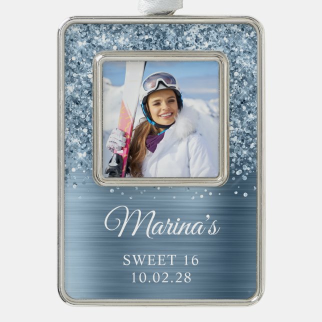 Glittery Light Blue Foil Sweet 16 Photo Christmas Ornament (Front)