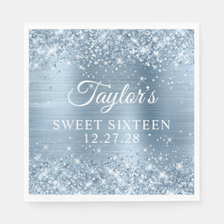 Glittery Light Blue Foil Sweet Sixteen Napkins