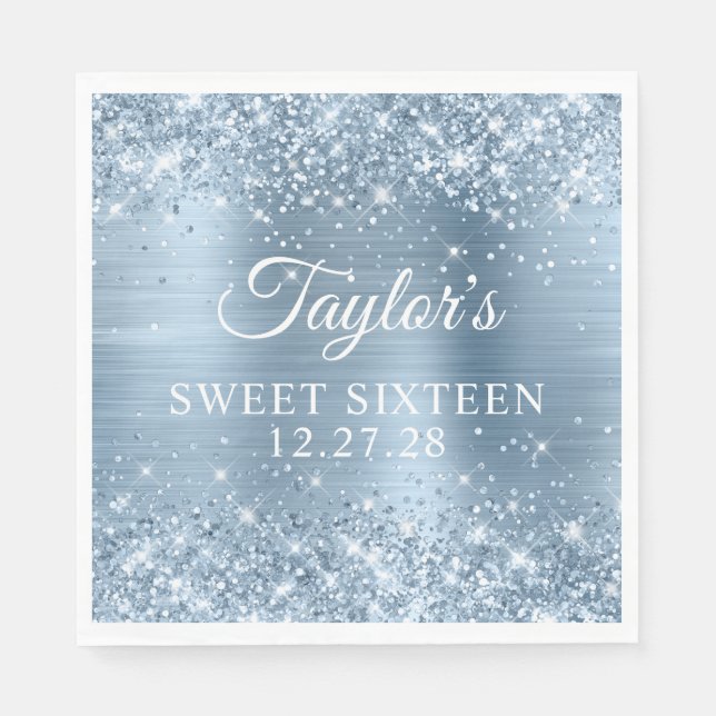 Glittery Light Blue Foil Sweet Sixteen Napkins (Front)