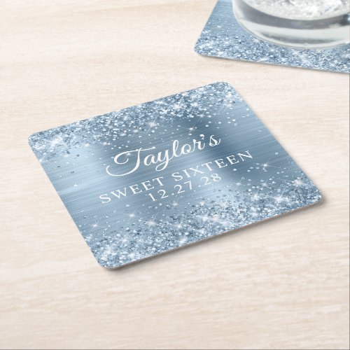 Glittery Light Blue Foil Sweet Sixteen Square Paper Coaster