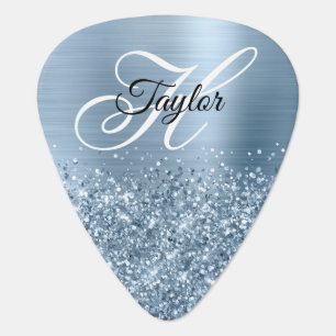 Glittery Light Blue Glam Fancy Monogram Guitar Pick
