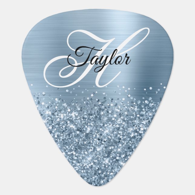 Glittery Light Blue Glam Fancy Monogram Guitar Pick (Front)