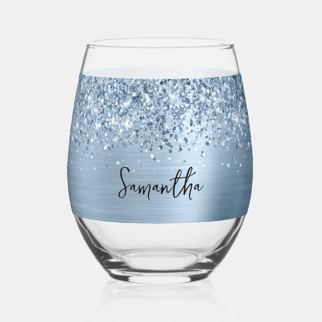 Glittery Light Blue Glam Name Stemless Wine Glass (Front)