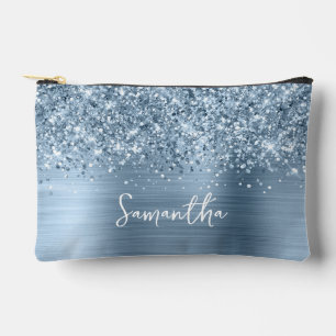 Glittery Light Blue Glam Script Name Accessory Pouch
