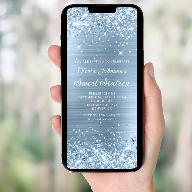 Glittery Light Blue Metallic Look Sweet 16 Invitation (Front Digital)