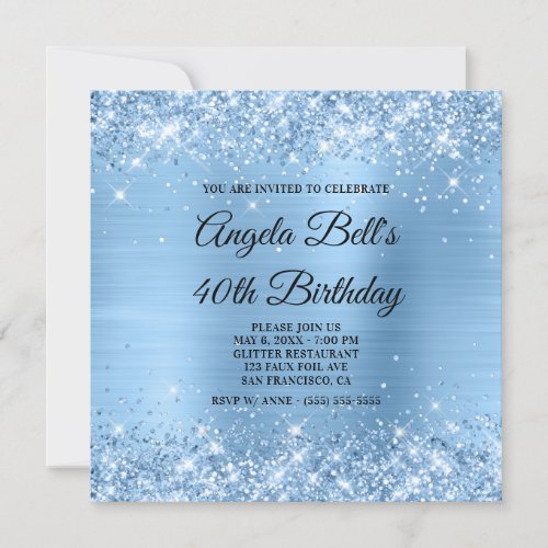 Glittery Light Blue Shimmer Foil Fancy Monogram Invitation