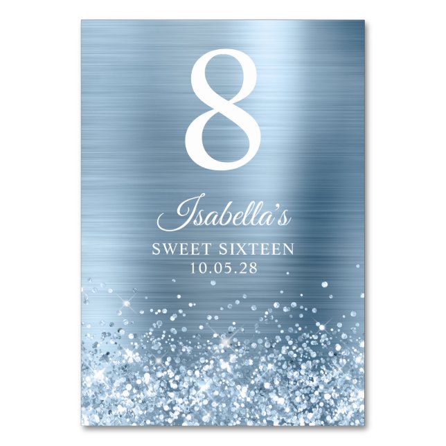Glittery Light Blue Sweet Sixteen Table Number (Front)