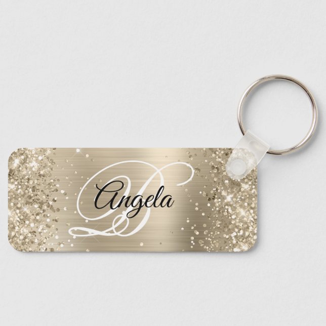 Glittery Light Gold Foil Fancy Monogram Keychain (Front)