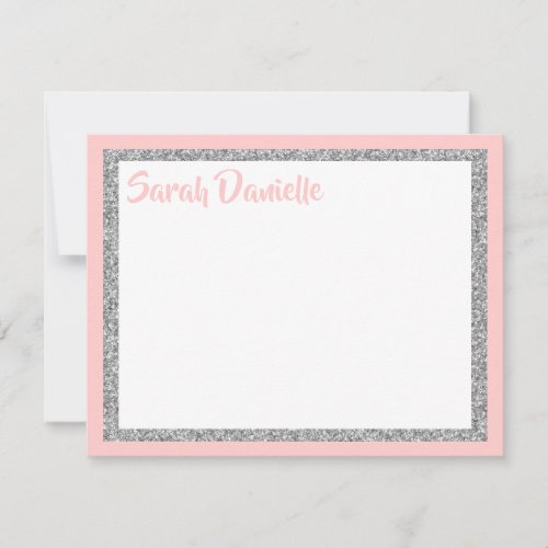 Glittery Light Pink and Silver Thank You Flat Card