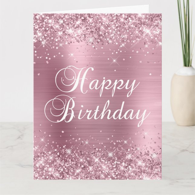 Glittery Light Pink Foil Big Happy Birthday Card (Front)