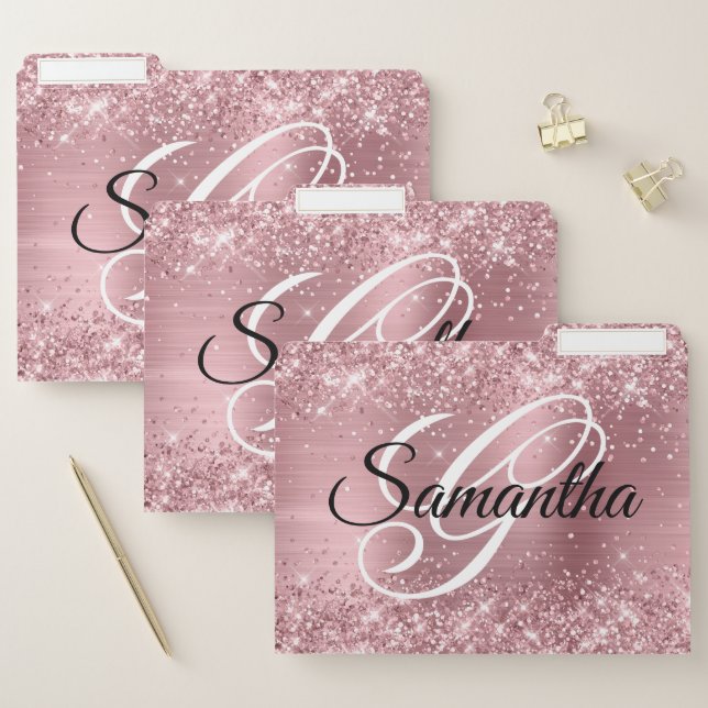 Glittery Light Pink Foil Fancy Monogram File Folder (Set)