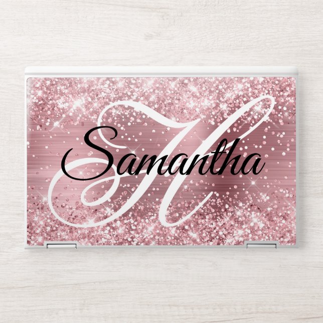 Glittery Light Pink Foil Fancy Monogram HP Laptop Skin (Front)