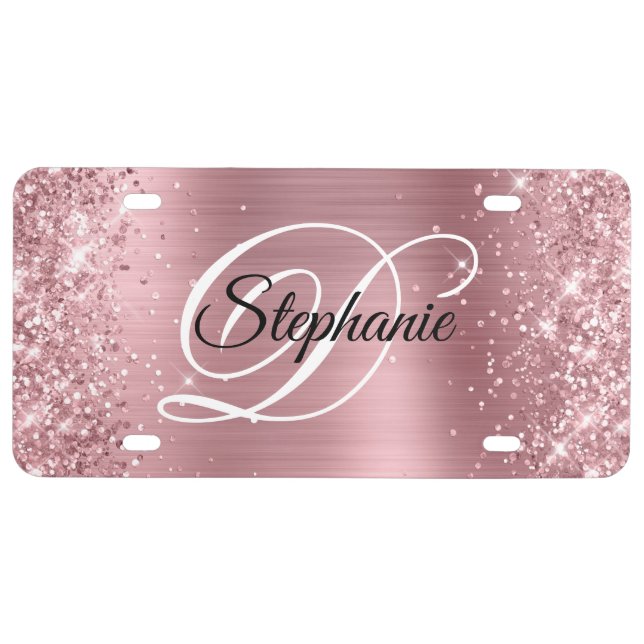 Glittery Light Pink Foil Fancy Monogram License Plate (Front)