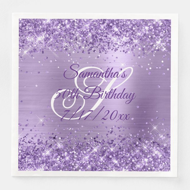 Glittery Light Purple 50th Birthday Paper Dinner Napkins (Front)
