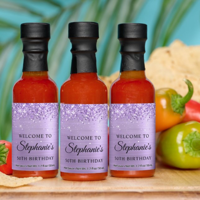 Glittery Light Purple Foil 50th Birthday Welcome Hot Sauces (Multi)