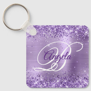 Glittery Light Purple Foil Fancy Monogram Keychain