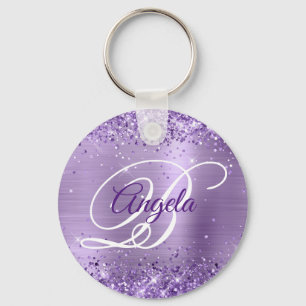 Glittery Light Purple Foil Fancy Monogram Keychain