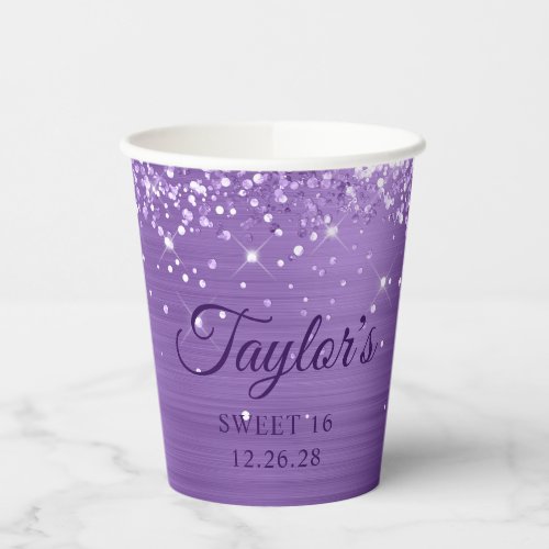 Glittery Light Purple Foil Sweet 16 Paper Cups