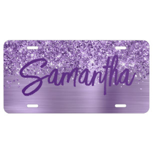 Glittery Light Purple Glam Brush Script License Plate