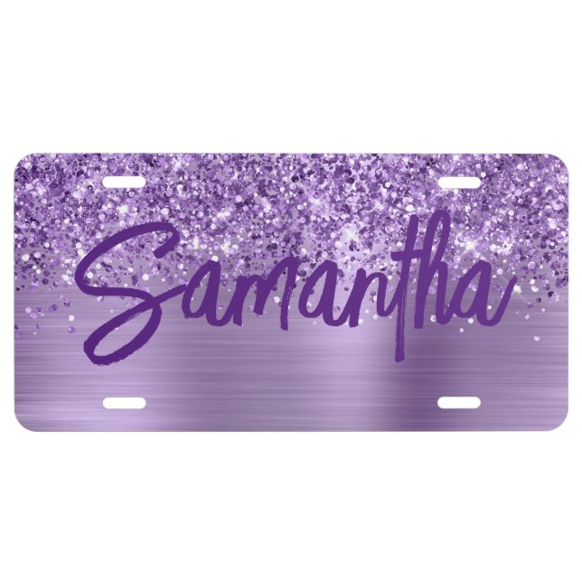 Glittery Light Purple Glam Brush Script License Plate (Front)
