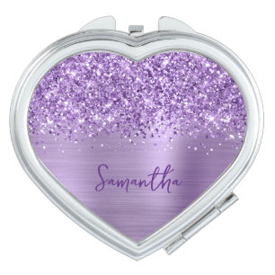 Glittery Light Purple Glam Script Name Heart Compact Mirror